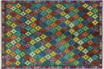 handmade Geometric Balouchi Green Blue Hand Knotted RECTANGLE 100% WOOL area rug 5' x 7'